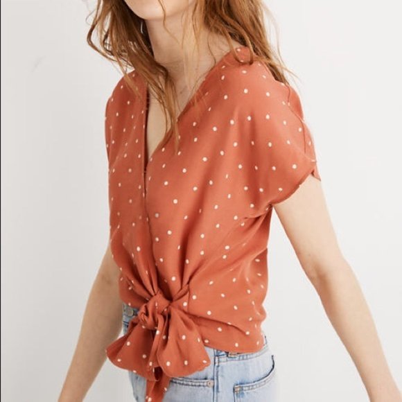Madewell Tops - Madewell Sz XL Sash-tie wrap top in polka dot rust